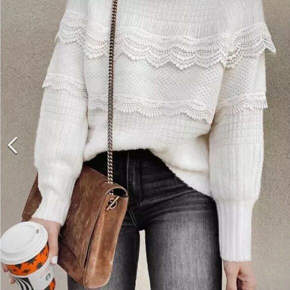 EXPRESS Tiered Lace Ribbed Wool Blend Sweater Pullover - Picture 1 of 13